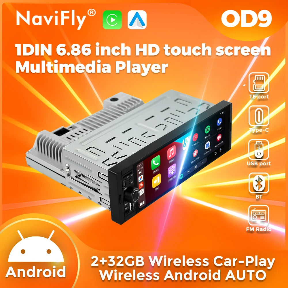 Navifly 2G+32G Universal 1 Din Android 6.86 Inch HD Touch Screen Wireless CarPlay Auto Car Radio Multimedia Video Player GPS FM