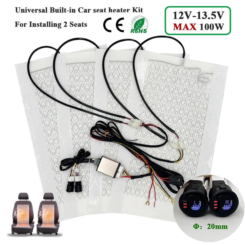 Universal Built-in Car Seat Heater Kit Fit 2 Seats 12V 100W Carbon Fiber Heating Pads with 3 Levels Control Switch System