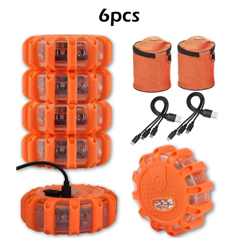 Rechargeable LED Road Flares Roadside Emergency Lights For Vehicles Flashing Flare Beacon Disc Magnetic Base&Hook USB-C Cable