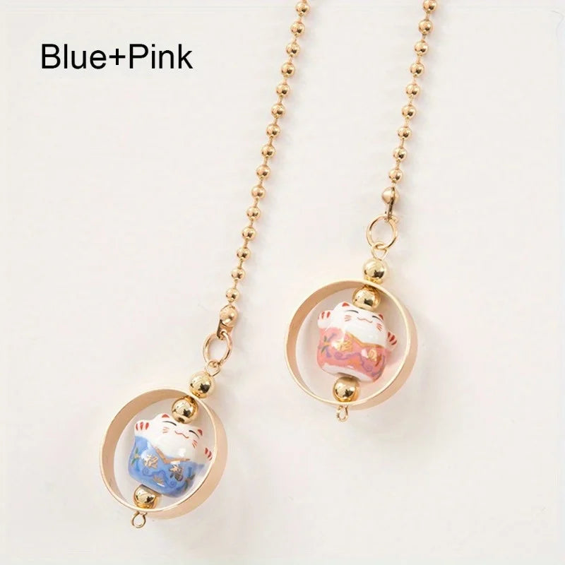 1pc Car Pendant Lucky Cat Car Rearview Mirror Decoration Ceramics Alloy Hanging Ornament Automobile Dashboard Accessories Gift