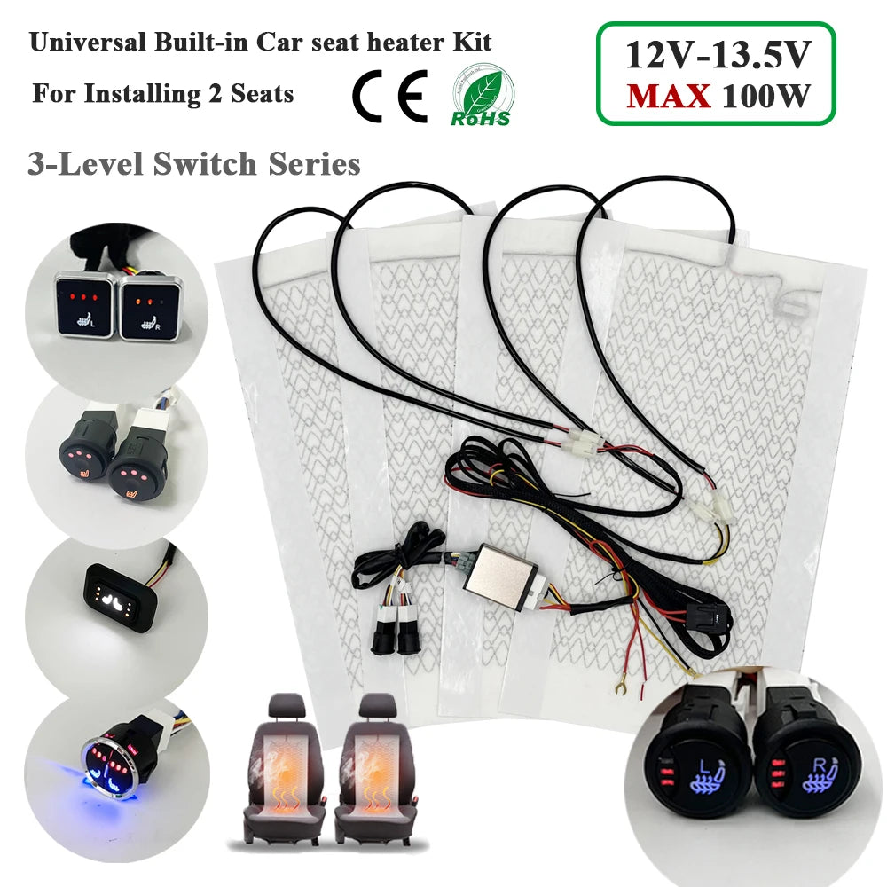 Universal Built-in Car Seat Heater Kit Fit 2 Seats 12V 100W Carbon Fiber Heating Pads with 3 Levels Control Switch System