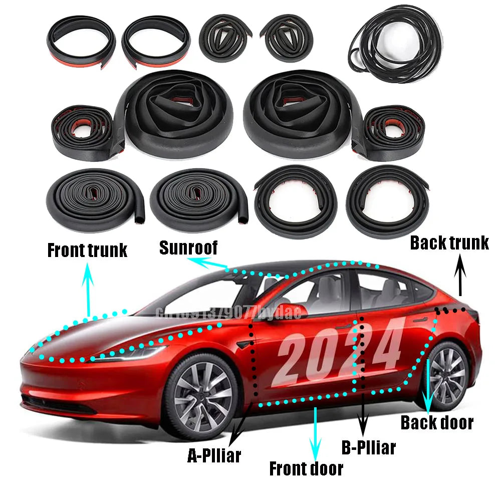 For Tesla Model 3 Highland,,Door Seal Strip Kit Rubber Noise Insulation Weather strip Trunk Hood Sunroof  AB Pillar Trim Sealing