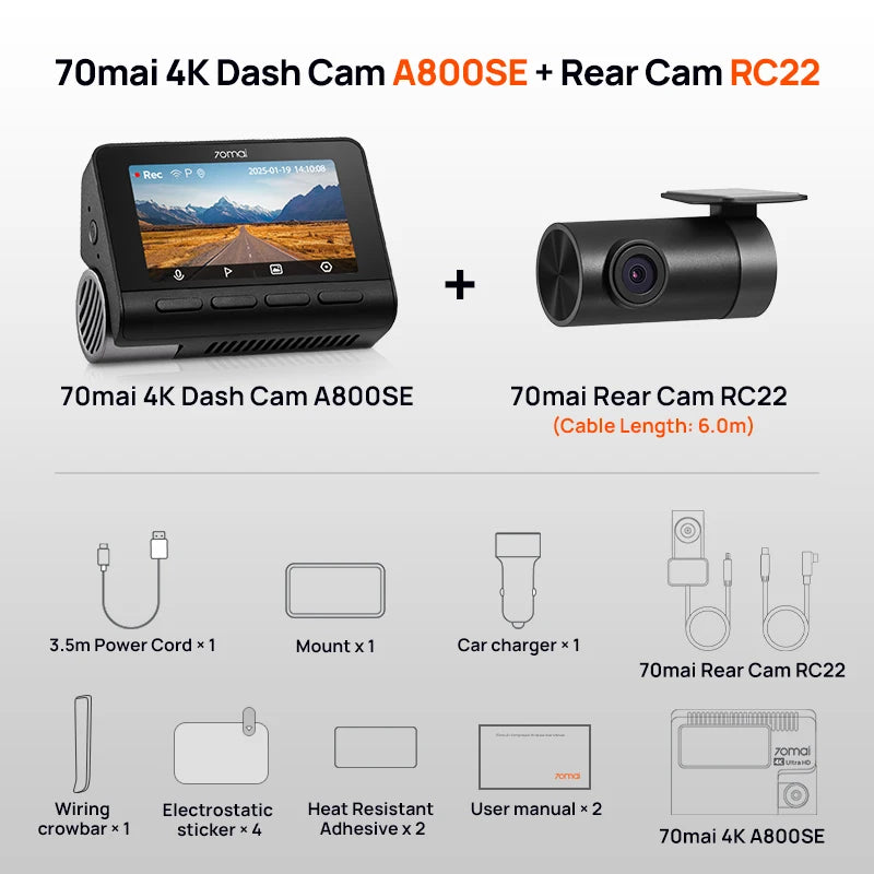 70mai 4K Dash Cam A800SE Upgraded Version of 70mai A800S Voice Control Supercapatior GPS ADAS Car DVR 70mai A800SE UHD Wifi 6