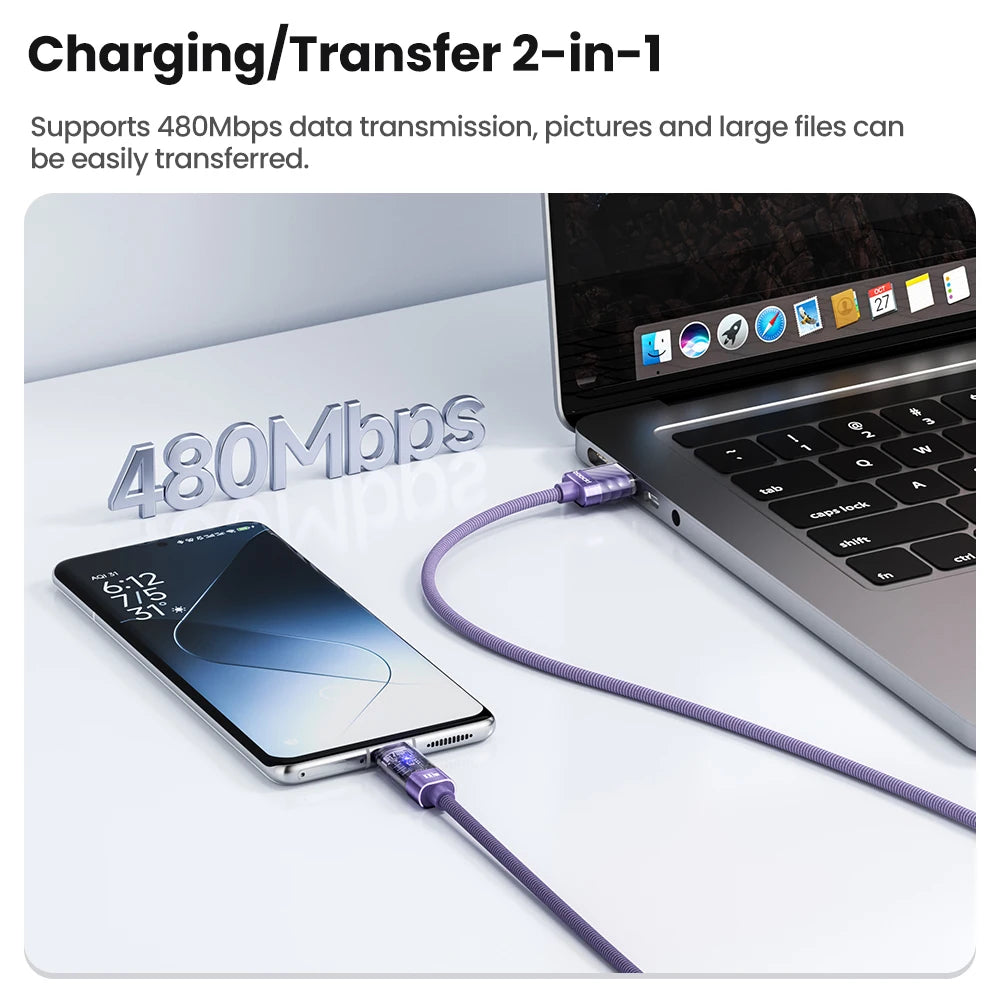 Toocki 100W USB Type C Cable Auto Power-off QC4.0 6A Fast Charging Type C Cable for iPhone 15 Samsung S23 S22 Xiaomi Huaiwei
