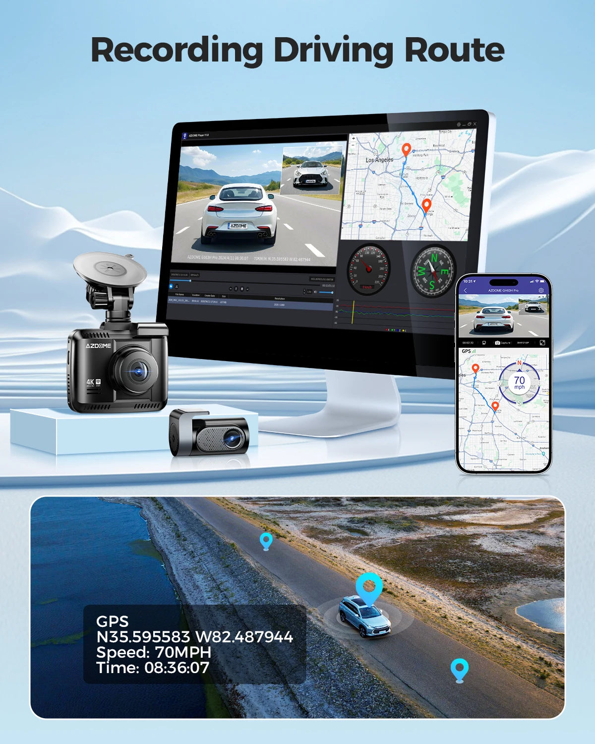 AZDOME Dash Cam GS63H Pro 4K+1080P 2.4" IPS Screen 150°FOV Built-in ADAS WiFi 6 GPS Car DVR G-Sensor 24H Parking Monitor Camare