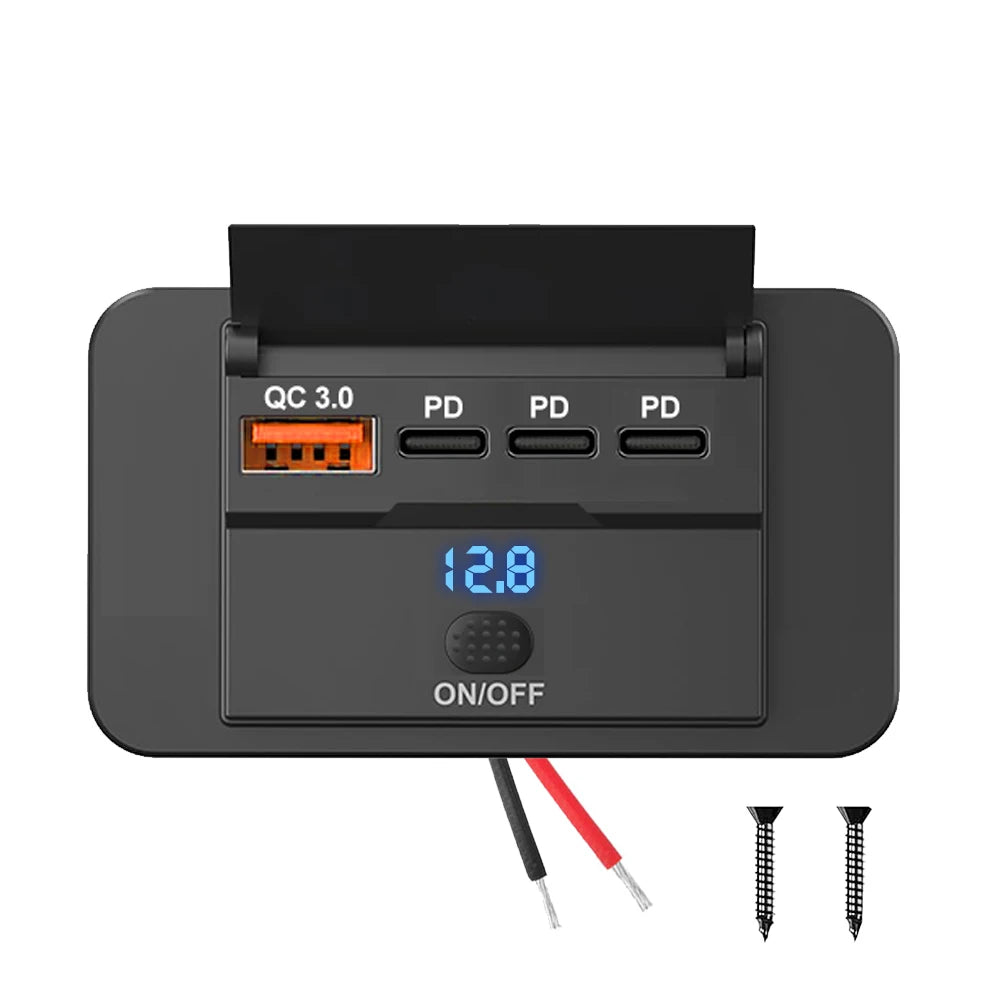 12/24V Car USB Adapter Socket Panel Wall Mount Dual PD3.0 & Dual QC3.0 Fast Charging Outlet Waterproof Car Charger Accessories