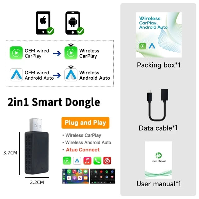 Wireless Carplay Adapter Android Auto WiFi Smart Dongle 2in1 For Hyundai SANTA FE TUCSON ELANTRA IONIQ 5 6 KONA VENUE NEXO