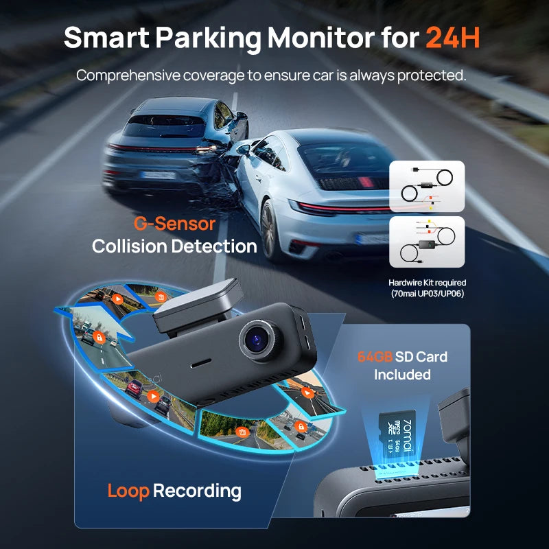 70mai 4K T800E 3-Channel Dash Cam Front Rear Interior 3 in 1 Voice Control Support 24hours Parking Supercapacitor GPS 4K Car DVR