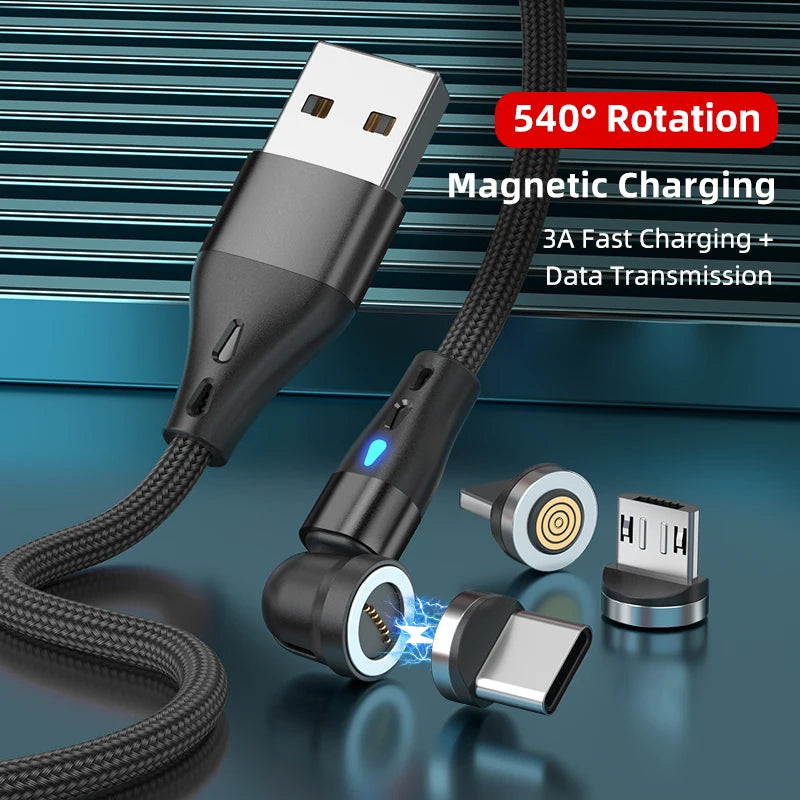 540 Rotate Magnetic Cable 3A Fast Charging Micro USB Type C Cable For iPhone 15 14 Xiaomi Samsung Data Cord with Storage Case