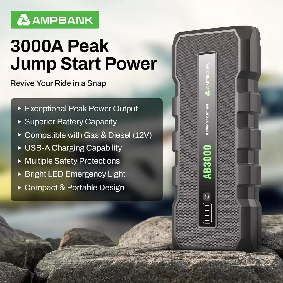 AMPBANK AB3000 12V Car Jump Starter Battery Charger Power Bank Portable 3000A Auto Booster Pack