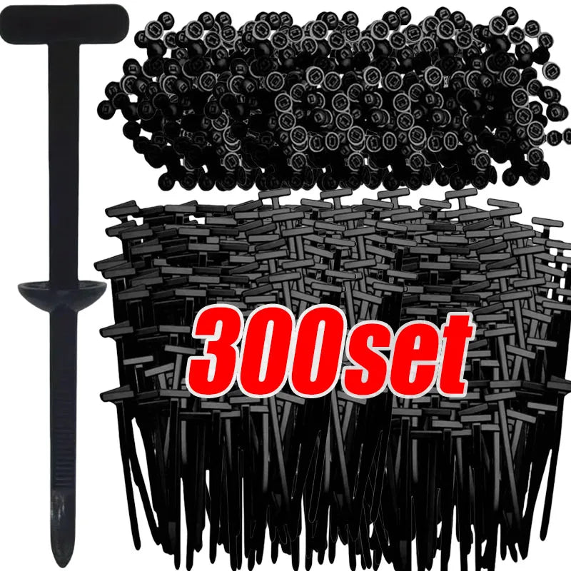 300PCS Nylon Universal Cable Tie Buckle Heavy Duty Self-Locking Zip Ties Holder with Pin Fasteners Car Body UV Resistant Zipties