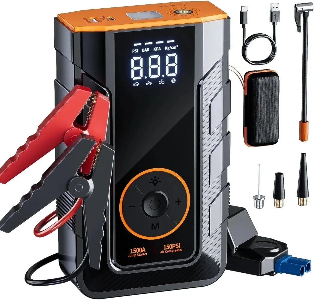 4-IN-1 Car Jump Starter with Air Compressor Peak 1500A Auto Battery Booster 150PSI Air Pump Portable Power Bank Tire Inflator
