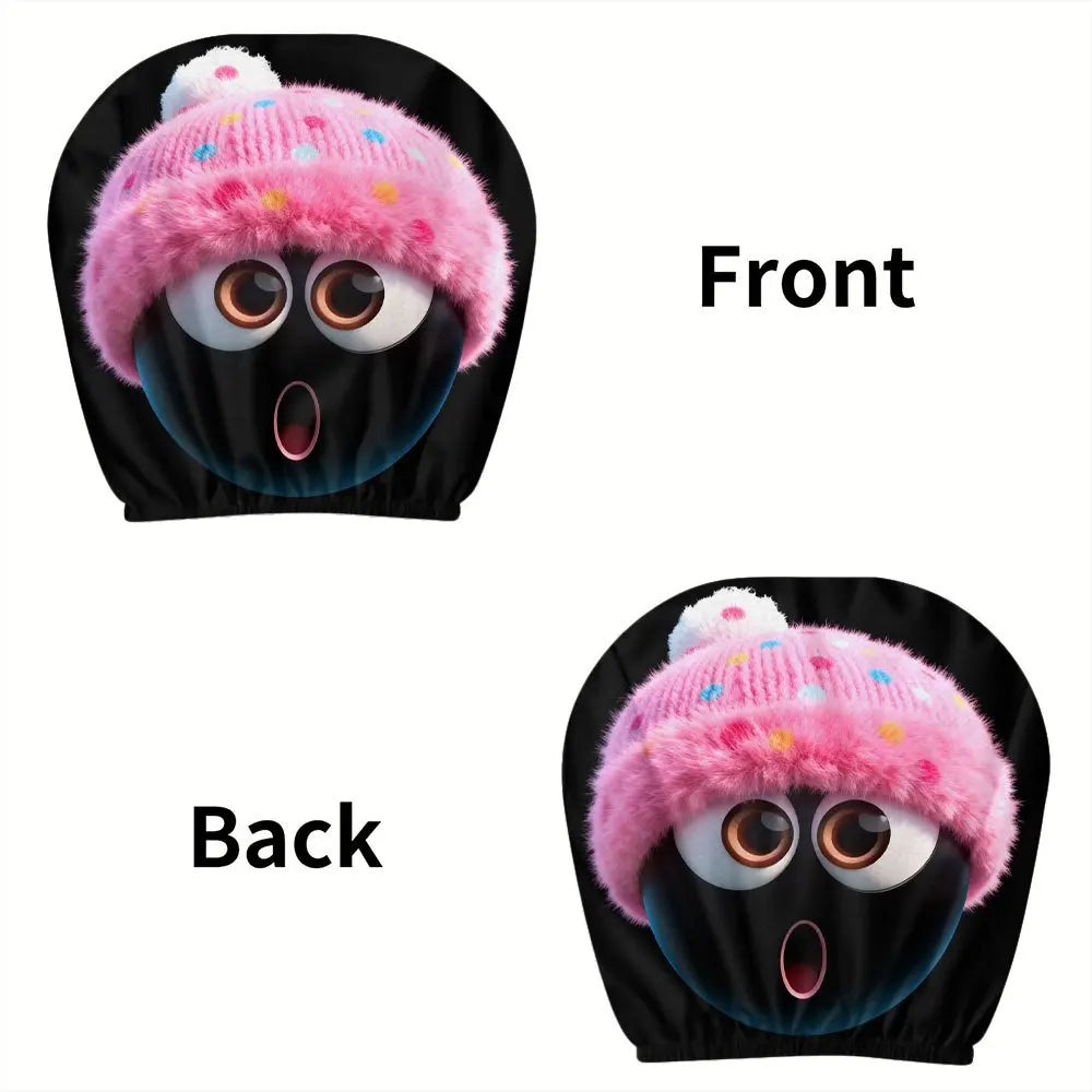 Winter limited edition surprise expression Pink plush hat General Motors headrest cover 2pcs, New Year gift, cute cartoon style