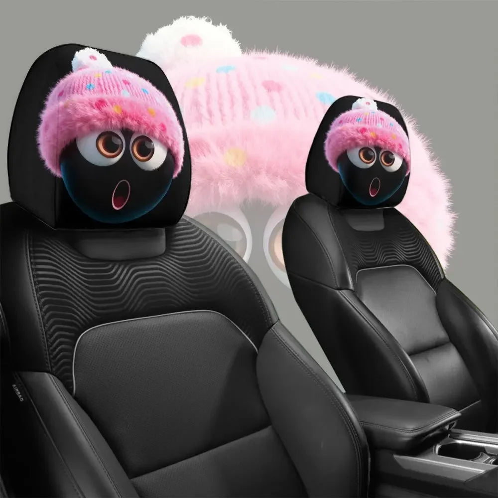 Winter limited edition surprise expression Pink plush hat General Motors headrest cover 2pcs, New Year gift, cute cartoon style