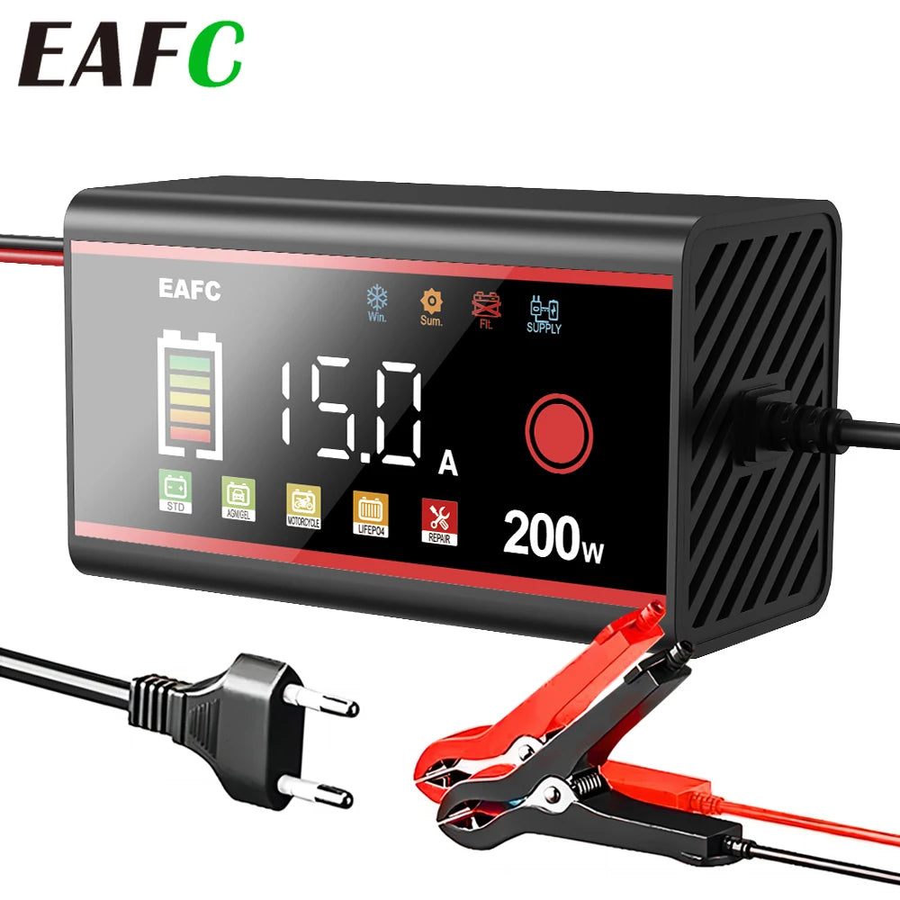 EAFC Large Power 200W 100W Battery Charger 12V/24V Car Battery Charger Smart Pulse Repair for Car LiFePO4 AGM GEL WET Lead Acid