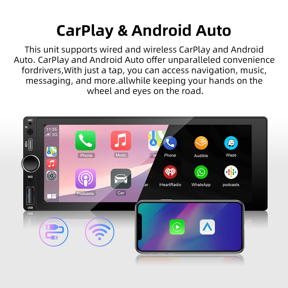 Universal 1 Din Android 6.86 Inch HD Touch Screen Wireless CarPlay Auto Car Radio Multimedia Video Player GPS FM