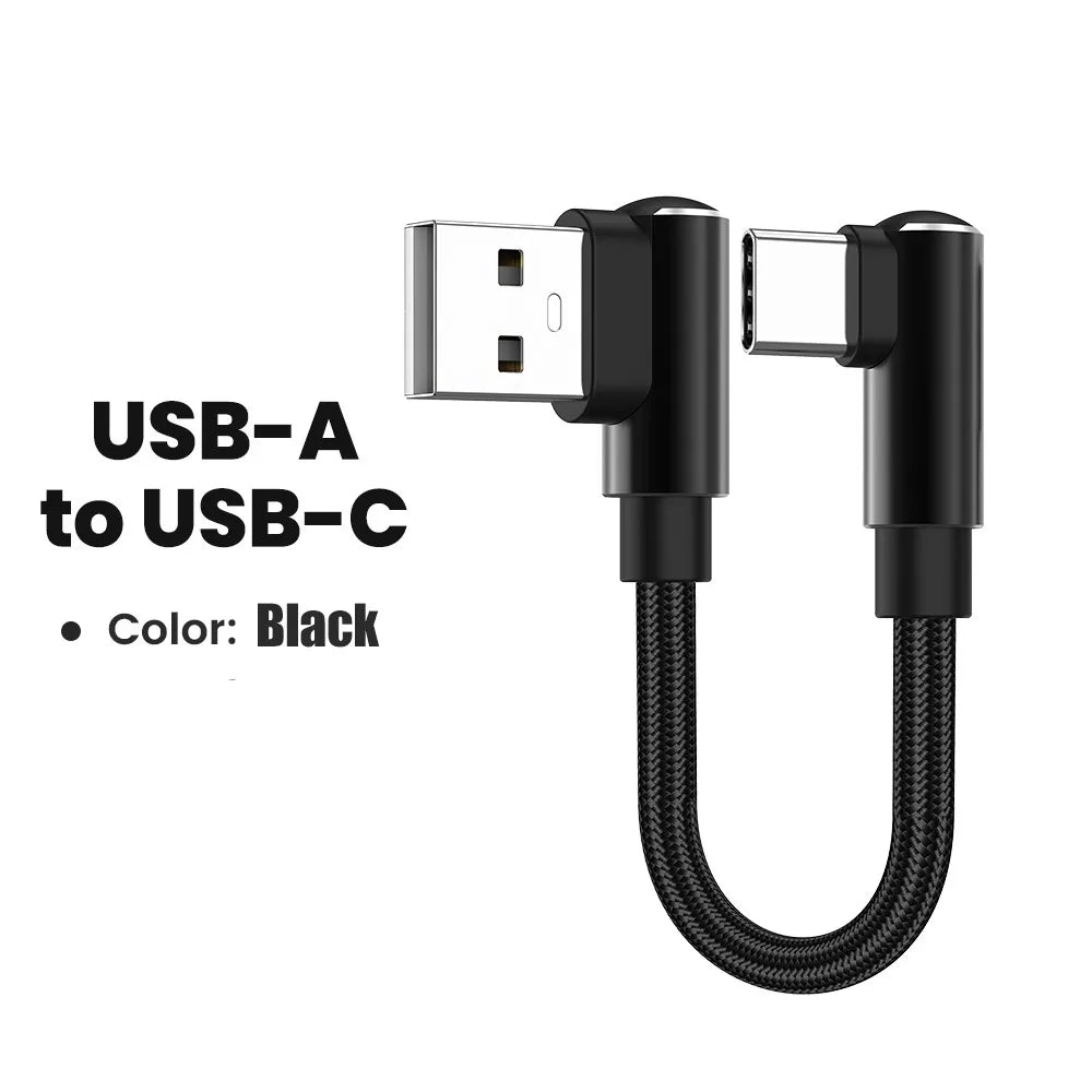 0.25m/0.5m Short Data Cable 90 Degree Elbow USB A/USB C To Type C Fast Charging Cable For Iphone 15 16 Xiaomi Samsung Huawei