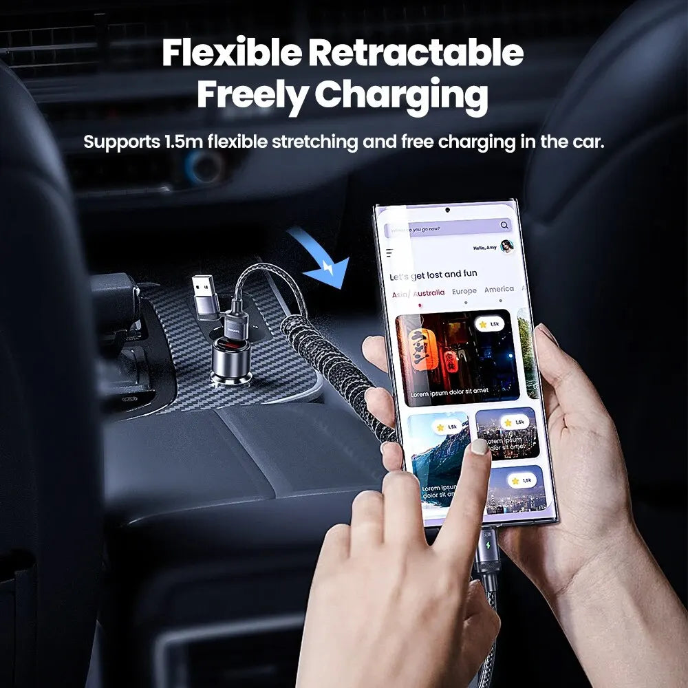 Toocki PD 60W 2 in 1 USB Cable 3A Fast Charging Type C Car Spring Cable For iPhone 15 Pro Max Samsung S23 Xiaomi Huawei Macbook