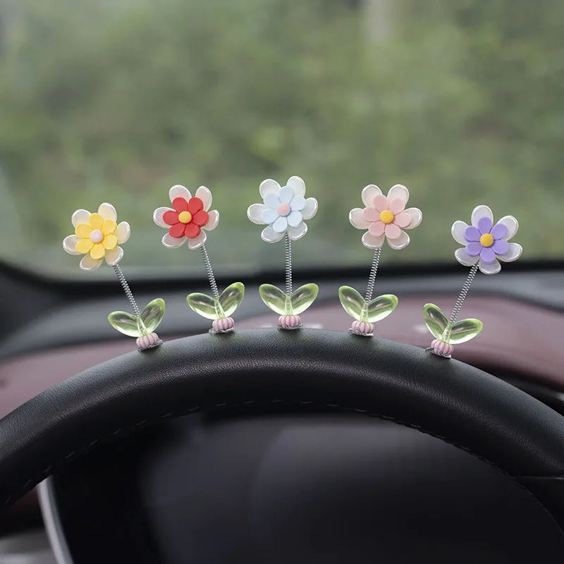 5Pcs/Set Swinging Flower Car Dashboard Center Console Cartoon Chrysanthemum Pendant Car Interior DIY Decoration Accessories