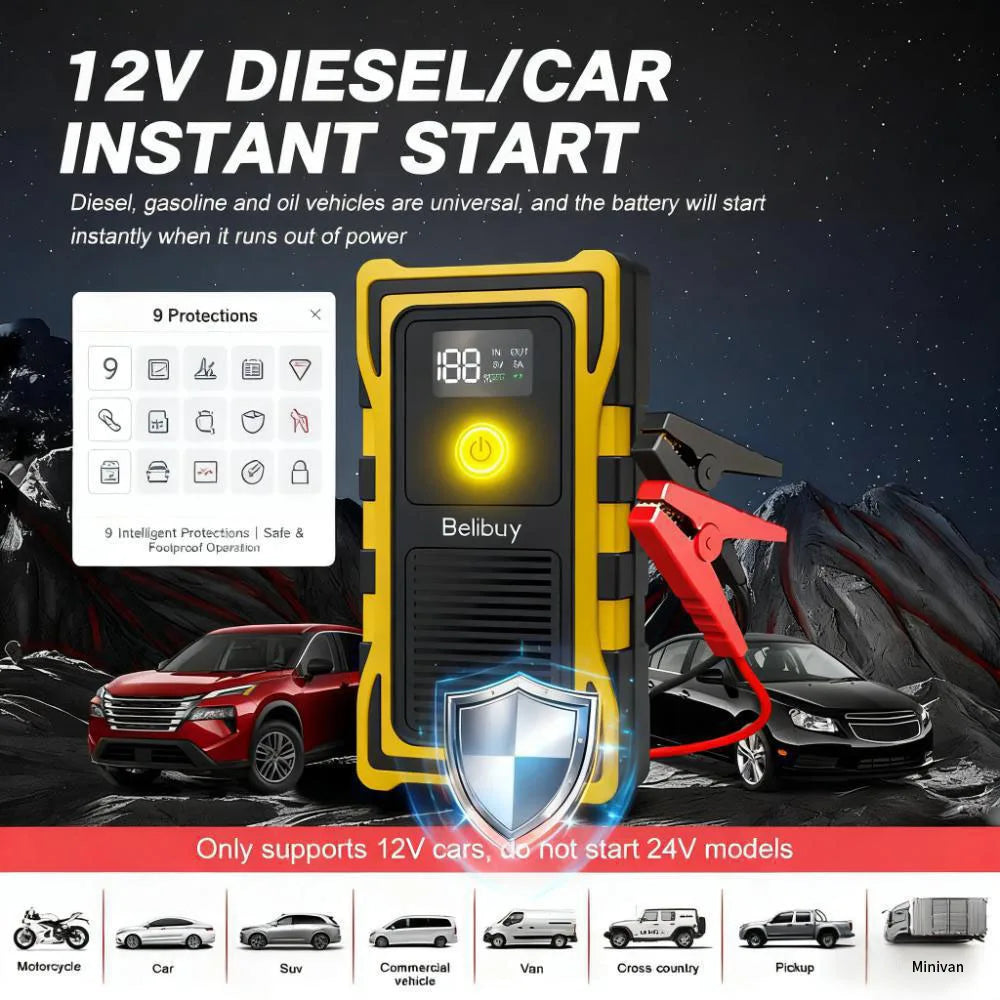 2000A Car Jump Starter, Power Bank and Emergency LED Light for All Diesel/Gasoline Cars 12V with Digital Display
