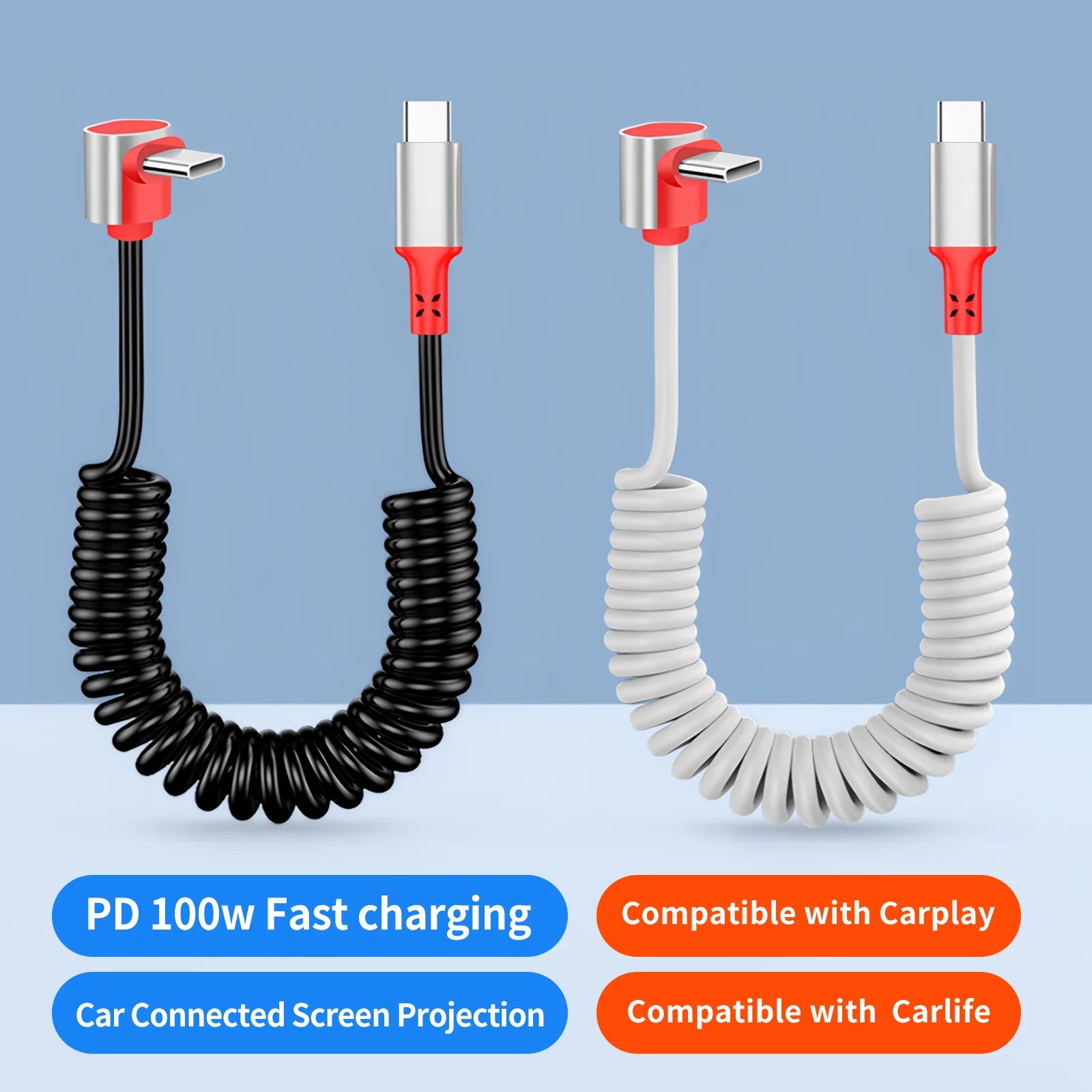 Elbow USB-C Retractable Spring Data Cable: Supports fast charging, compatible with iPhone 15/16 Pro Max,CarPlay &Carlife+
