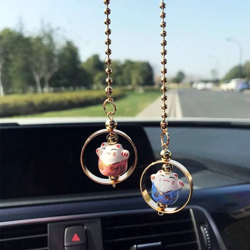 1pc Car Pendant Lucky Cat Car Rearview Mirror Decoration Ceramics Alloy Hanging Ornament Automobile Dashboard Accessories Gift