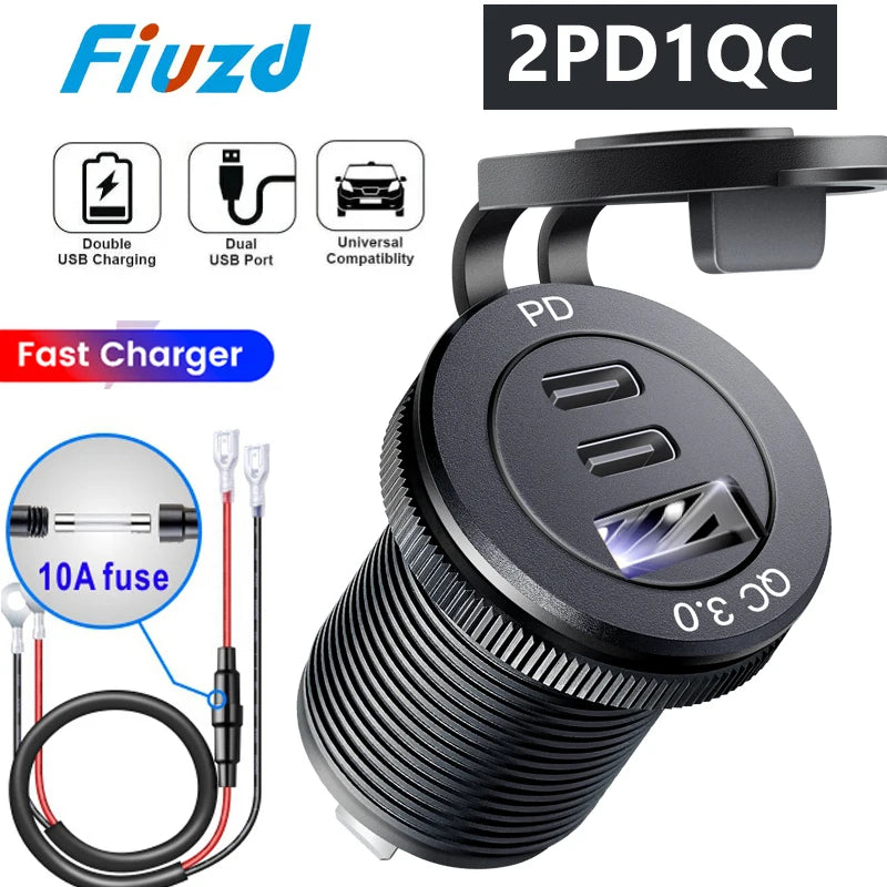 12v automotive usb socket USB C Car Charger Socket 12V/24V 3USB Socket PD3.0 and QC3.0 Car USB Port