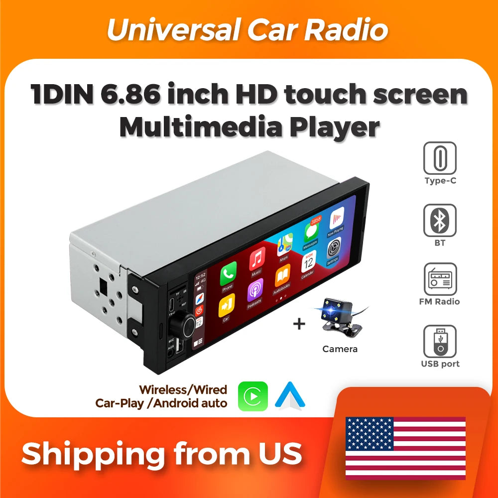 MEKEDE 1Din 6.86 Inch Carplay Android Auto Car Radio Universal Multimedia Player with BT FM Stereo USB Type-C Plug Cam Head Unit