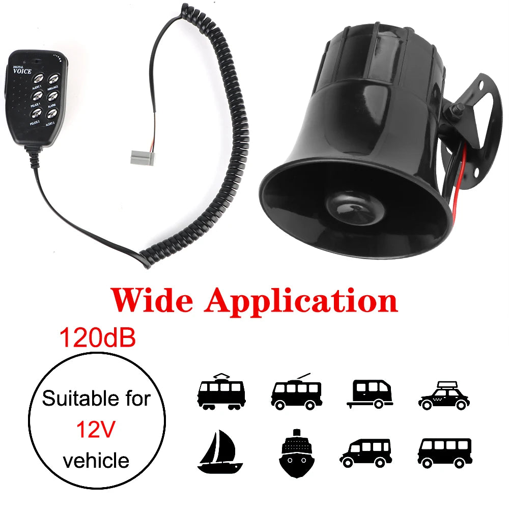 Car Horn 120DB Loud Air Horn 6 Tone Police Siren Loud Speaker 12V 100W Car Warning Alarm Megaphone Multi-tone Claxon Horn