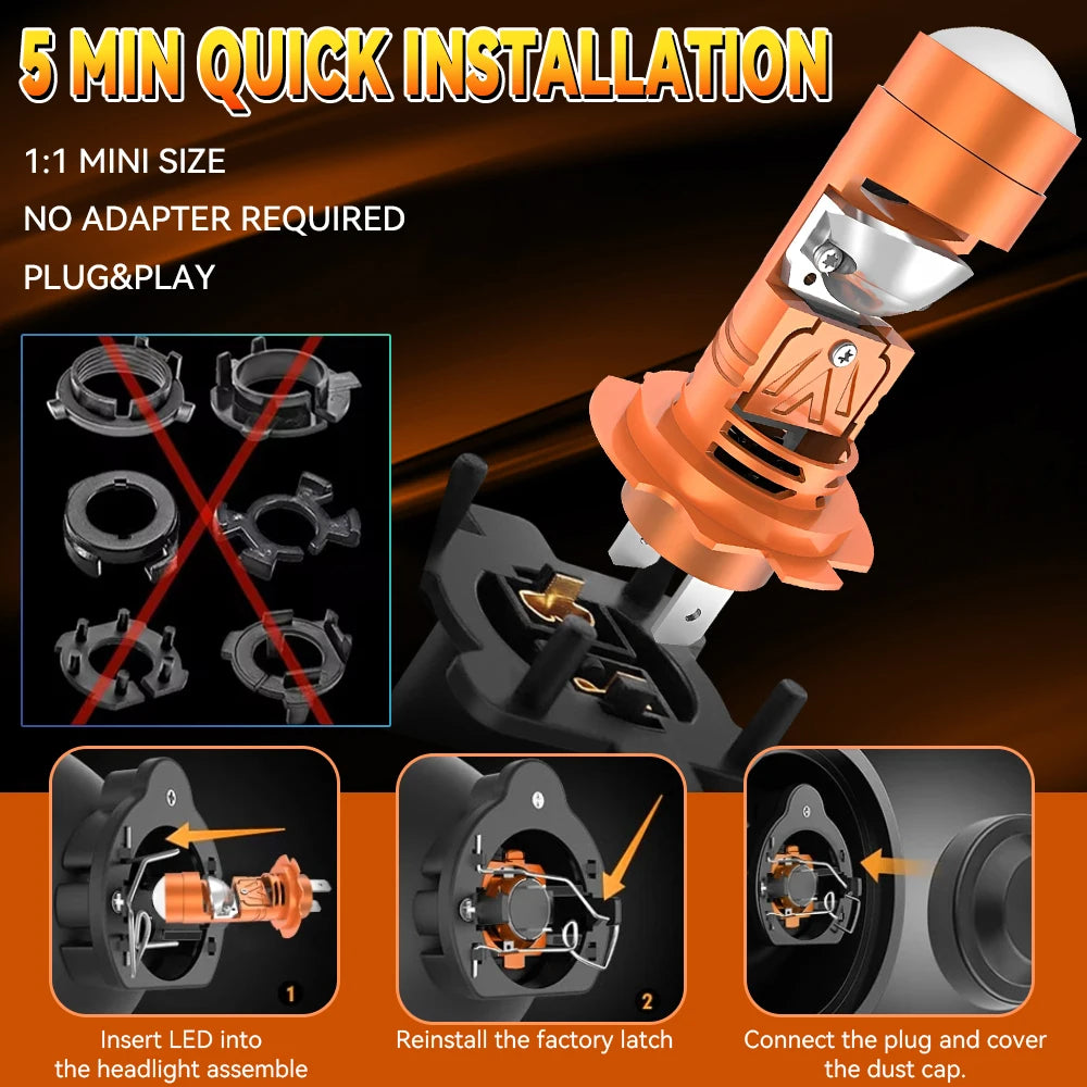 Mini H7 Led Headlight Lamp CANBUS 3 Colors Projector Lens Bulb Hi/Low Beam 800000LM 2000W Auto Headlamps 6000K White Plug&Play