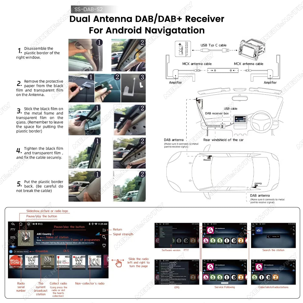 MEKEDE Dual Antenna DAB+ Adapter Type-C MCX Antenna Interface for European Digital Broadcast Universal Android Car Radio Navi