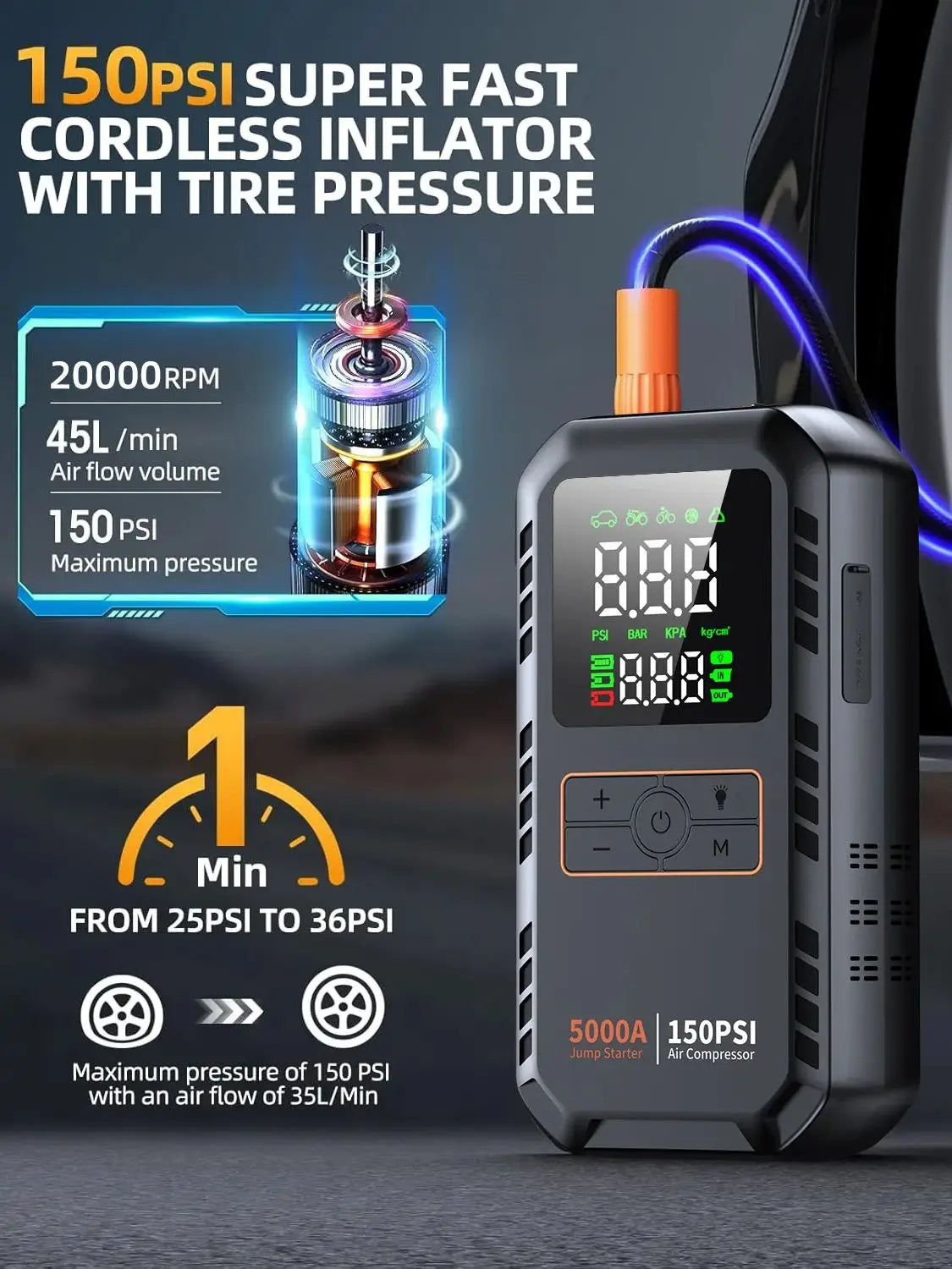 Multifunctional 2-in-1 Car Jump Starter with Air Compressor Tire Inflator Emergency Battery Booster Portable Power Bank
