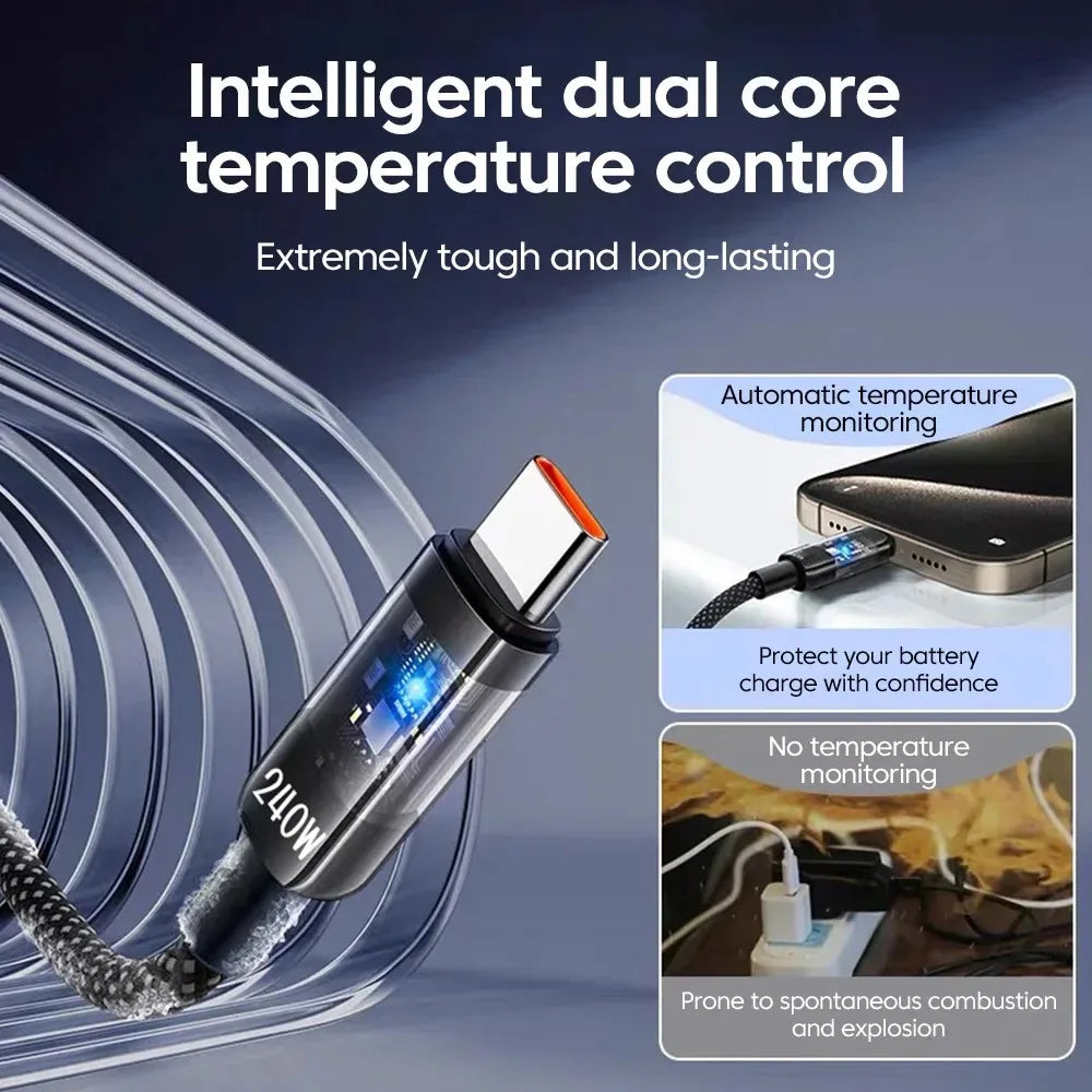 240W QC 3.0 USB to Type C Super Fast Charging Cable For Samsung Xiaomi Huawei OPPO LED Digital Display Phone Charger Data Cord