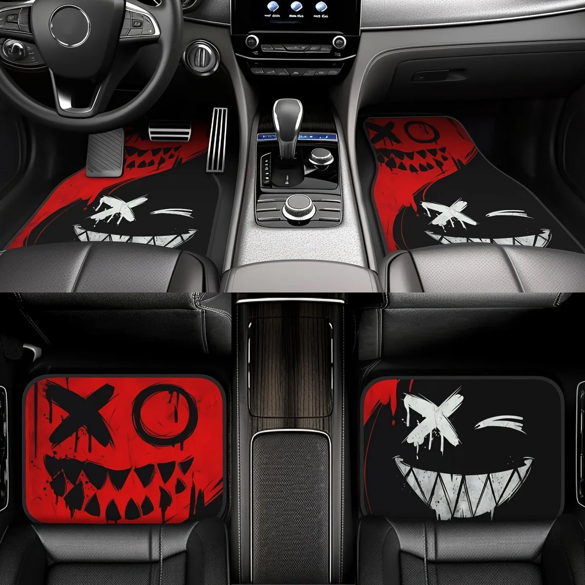 4pcs Cool Spooky Design Car Floor Mats, Vibrant Red with Black Accents,Durable, Non-Slip, Dirt-Resistant, Easy Clean,Helloween