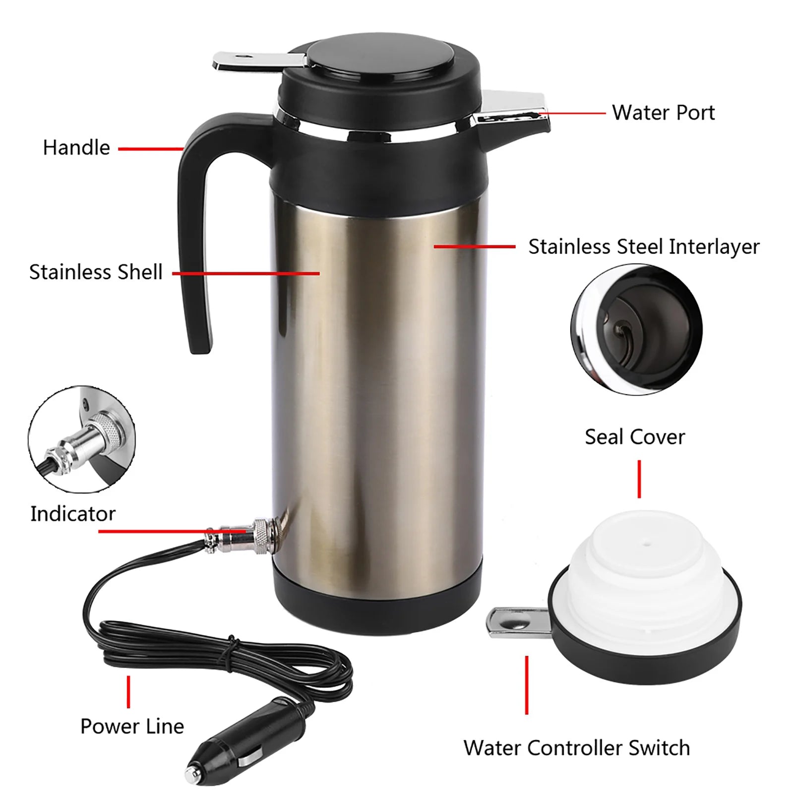 1000ML 12V/24V Stainless Steel Electric in Car Kettle Travel Thermoses Heating Water Bottle Electric in car Kettle in car Kettle