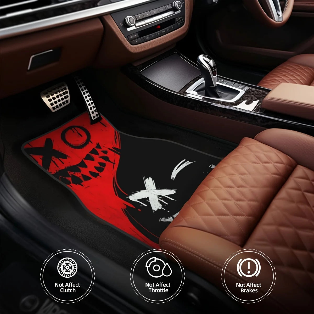 4pcs Cool Spooky Design Car Floor Mats, Vibrant Red with Black Accents,Durable, Non-Slip, Dirt-Resistant, Easy Clean,Helloween