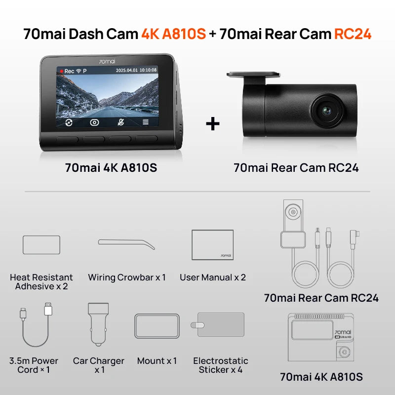 New 70mai Dash Cam A810S 4K HDR GPS ADAS Auto Record Dual-Channel Motion Detection 4G LTE Support Car DVR 70mai A810S 70mai A810