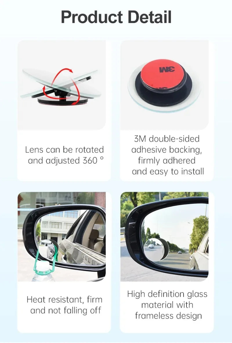 2PCS Round Frame Convex Blind Spot Mirror Safety Driving Wide-angle 360 Degree Adjustable Clear Rearview Mirror Car Accessories
