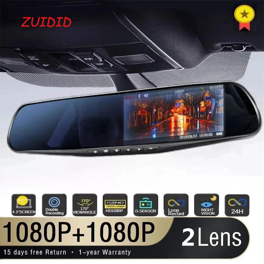 4.35Inch Driving Recorder Car DVR Rearview Mirror Dual Lens Car Recorder 1080P IPS Front and Rear Camera Registrar Black Box