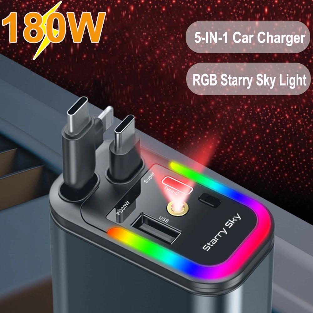 5-in-1 Car Charger PD30W+2.4A Voltage Display Super Fast Charging Retractable Cable With Roof Starlight for iPhone & Android