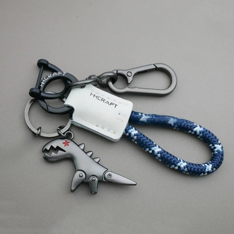 Premium Woven Leather Metal Dinosaur Keychain for Motorcycle Car Handbag Backpack Pendant Gift Accessories with Bracelet