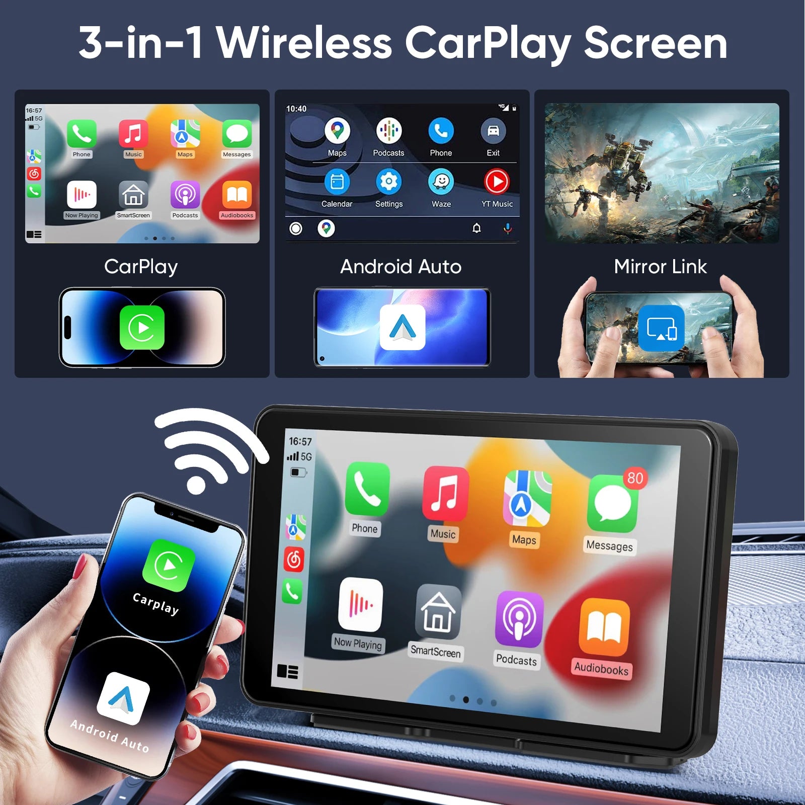 Pionray 7/10 inches android auto Universal Portable CarPlay for Car Screen Car Radio Video Wireless Carplay Screen for Apple