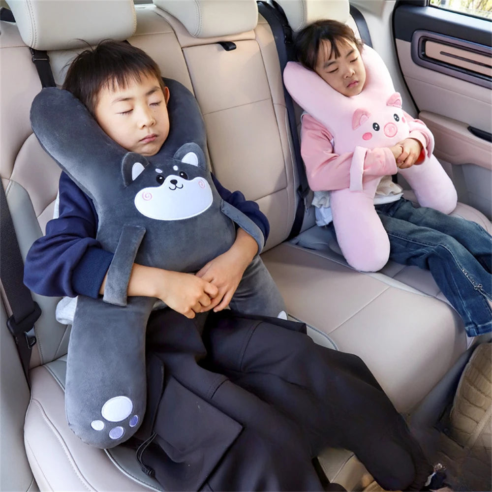 Kid Car Neck Pillow with Seat Belt Cute Cartoon Pillow Comfortable Breathable Car Mounted Child Sleeping Pillow Safety Sleep Aid