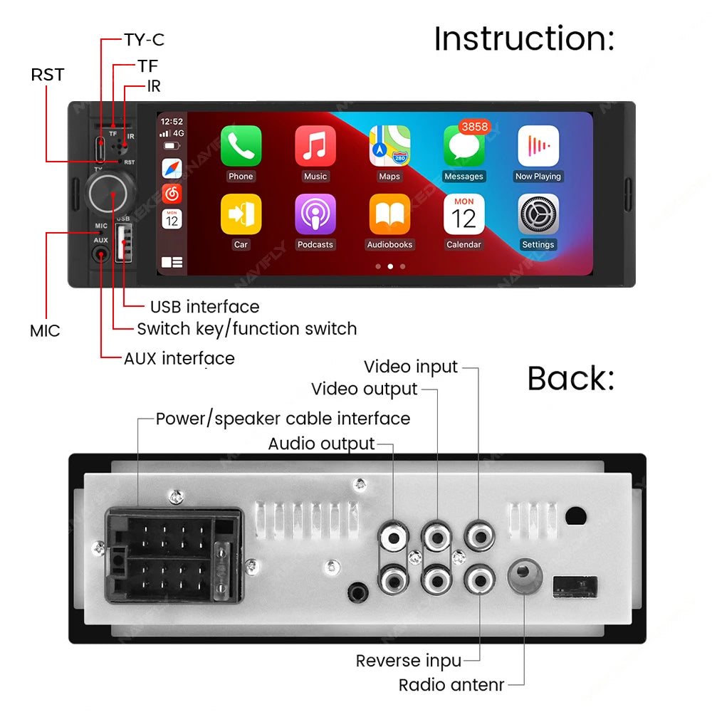 MEKEDE 1Din 6.86 Inch Carplay Android Auto Car Radio Universal Multimedia Player with BT FM Stereo USB Type-C Plug Cam Head Unit
