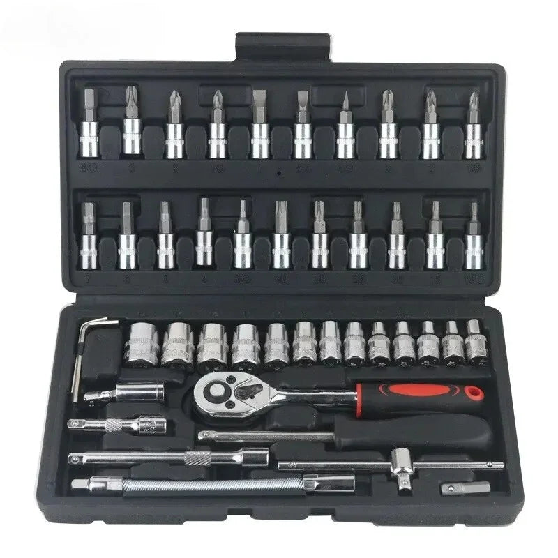 46pcsCar Repair Tool Kit 1/4-Inch Socket Set Car Repair Tool Ratchet Torque Wrench Combo Auto Repairing Set Mechanic Tool