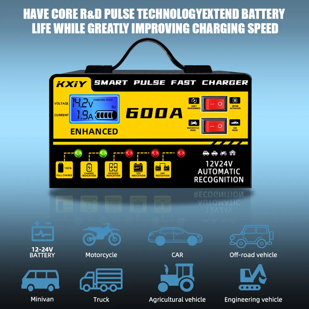 Car Battery Charger Intelligent Pulse Repair Voltage Temperature Detection Automatic Stop Digital LCD Display 12V 24V 600A