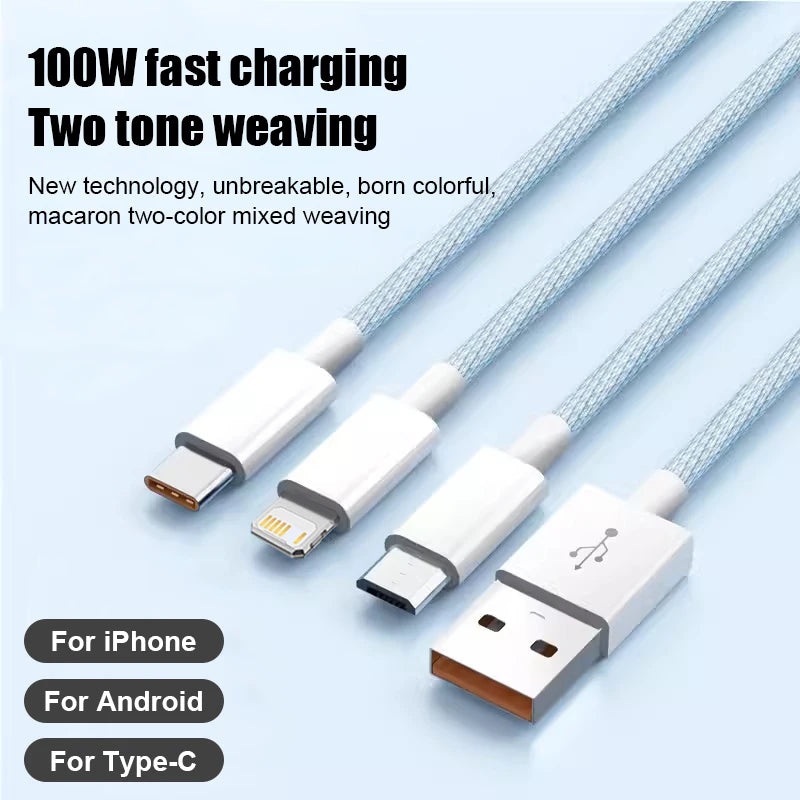 3IN1 100W 6A Car Fast Charging USB Cable For iPhone 14 13 12 11 15 17 16 Pro Max Samsung Xiaomi PD Cable Tablet Type C Data Cord