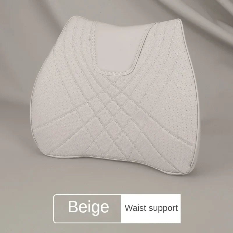 Car Neck Pillow Memory Foam Leather Auto Headrest And Back Cushion Set Seat Lumbar Waist Support Sewing Head Protective Cover