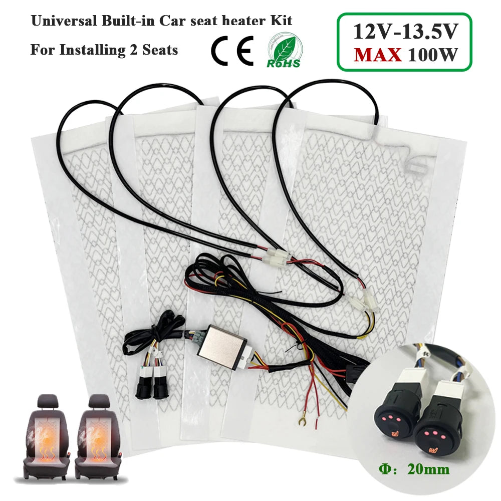 Universal Built-in Car Seat Heater Kit Fit 2 Seats 12V 100W Carbon Fiber Heating Pads with 3 Levels Control Switch System