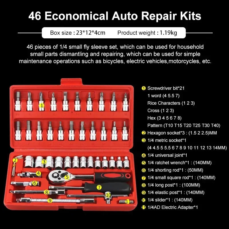 46pcsCar Repair Tool Kit 1/4-Inch Socket Set Car Repair Tool Ratchet Torque Wrench Combo Auto Repairing Set Mechanic Tool